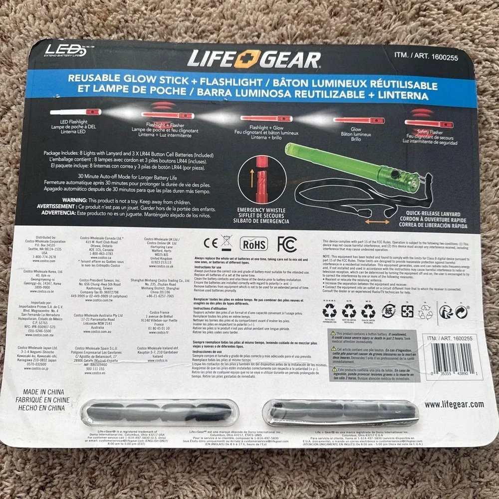 Life Gear Reusable LED Glow Stick Flashlight 8 Pack Emergency Whistle 1600255